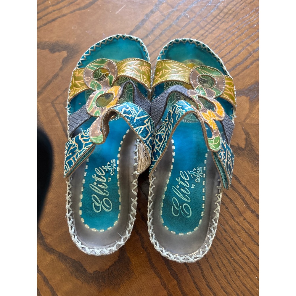 Elite by Corkys Womens Teal Floral Embossed Leather Slide Sandals Size 8 Boho